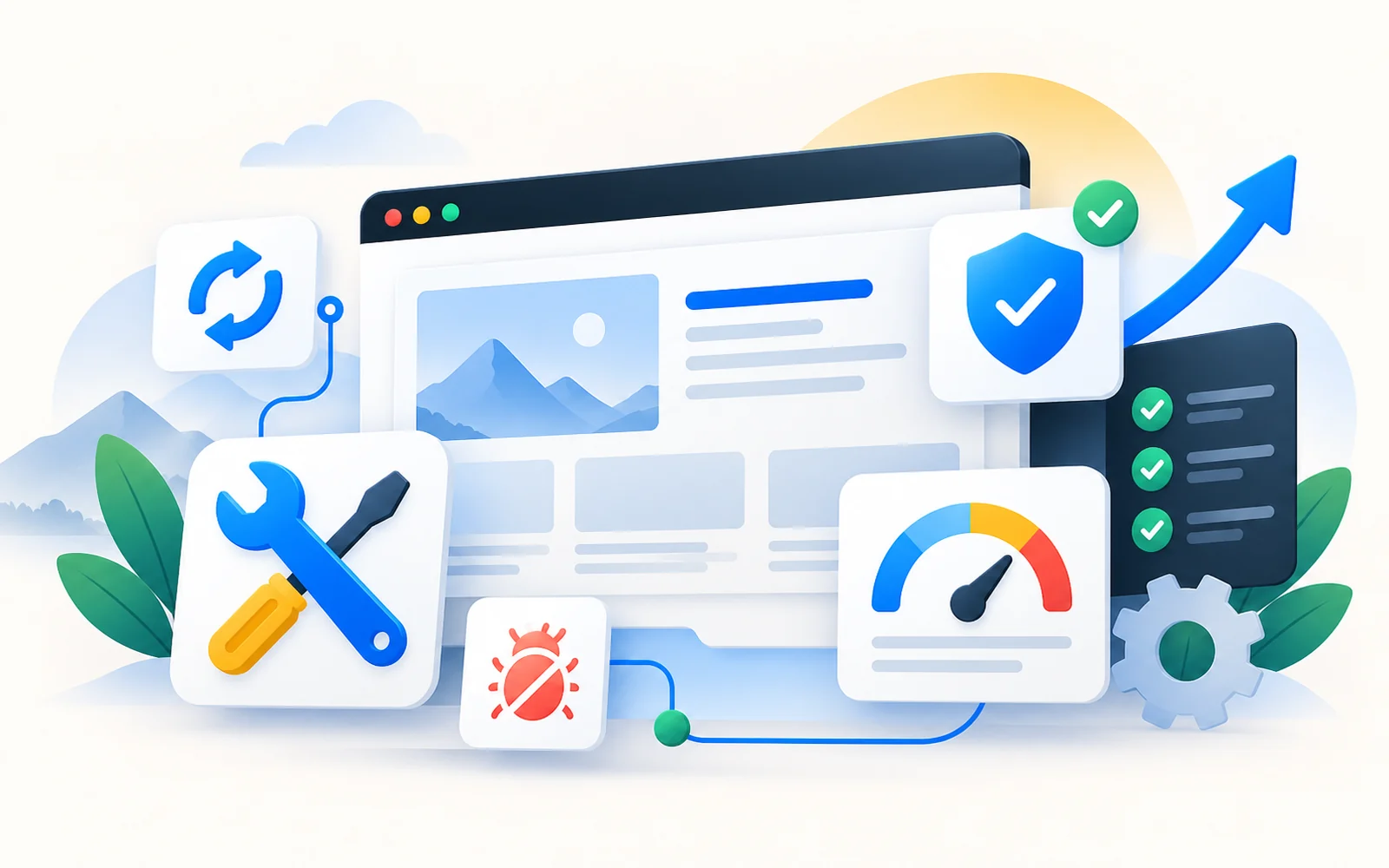 Website maintenance, updates and technical support concept