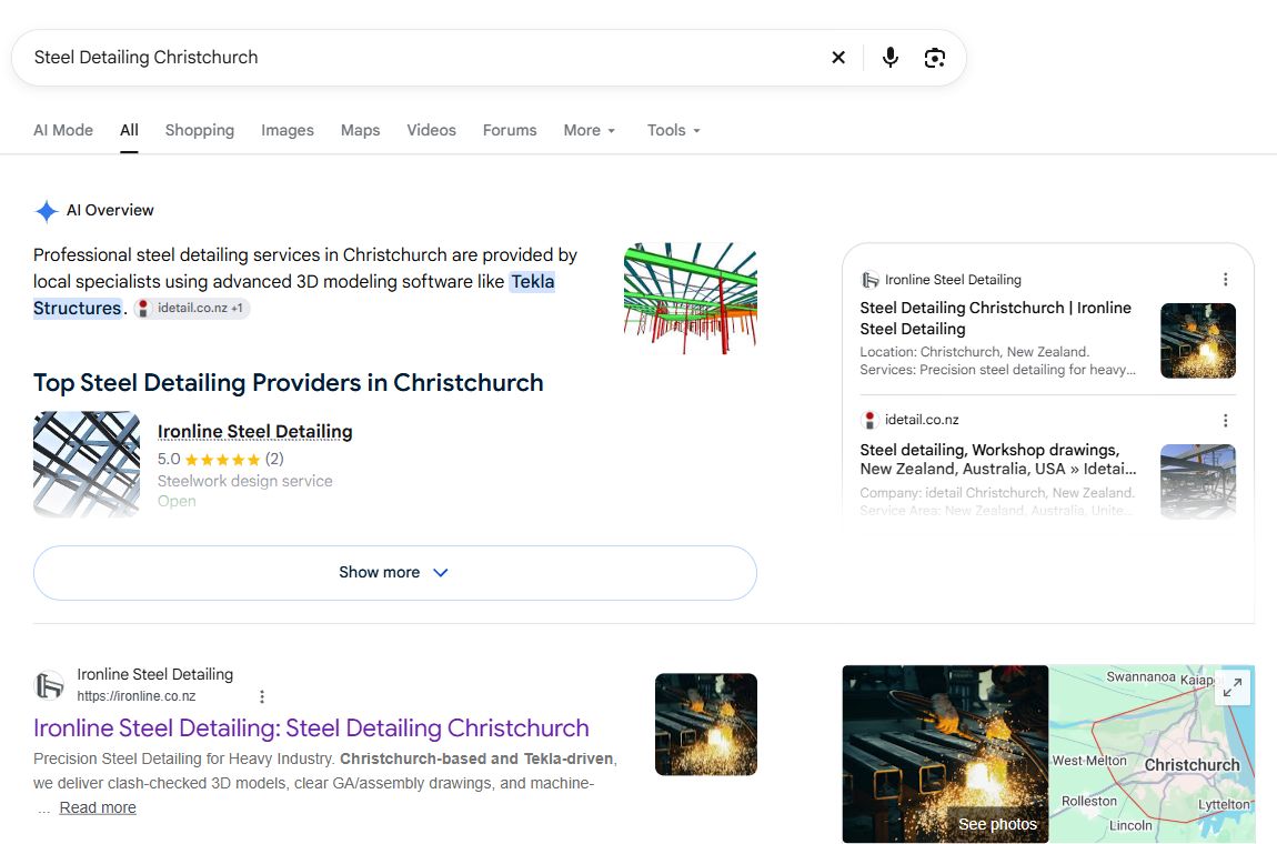 October 2026 Google result for Steel Detailing Christchurch showing Ironline in the AI Overview and first organic result