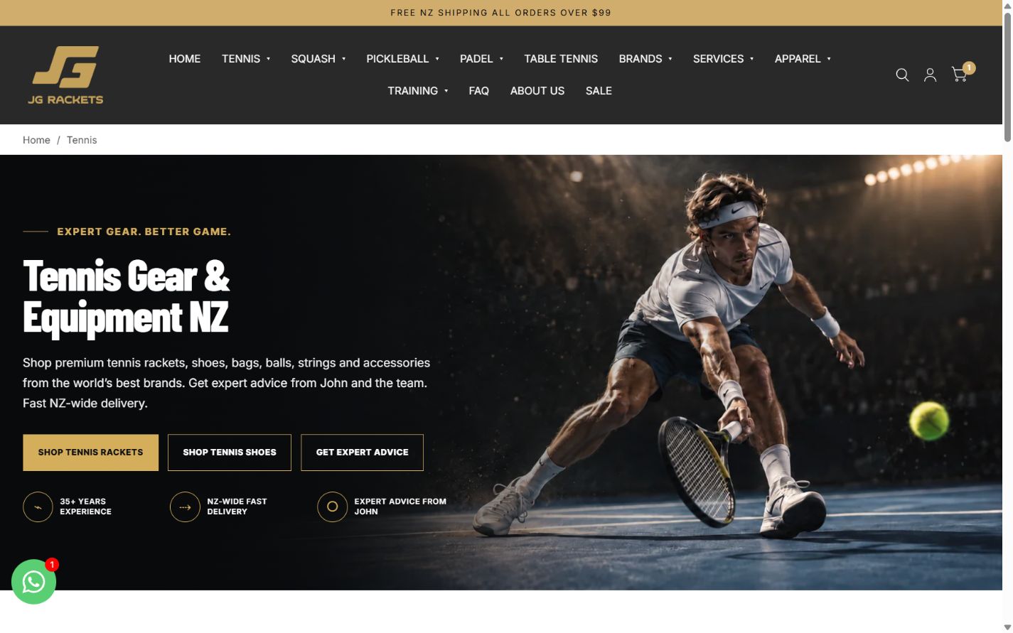 JG Rackets Tennis Hub Shopify page